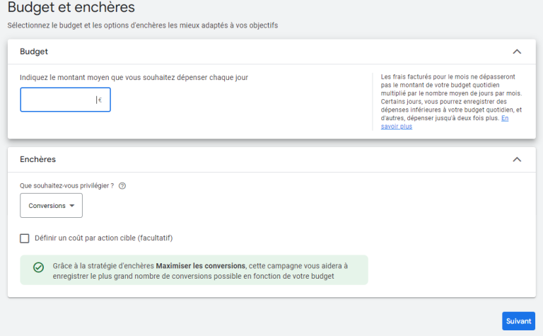 capture d'écran de budget à définir pour google performance max