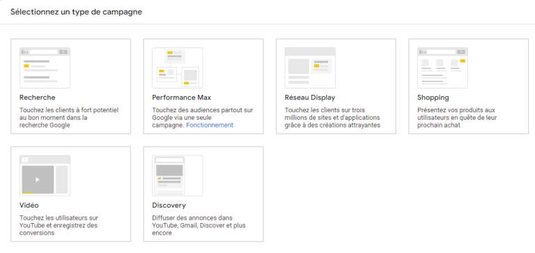capture d'écran de choix de campagnes google