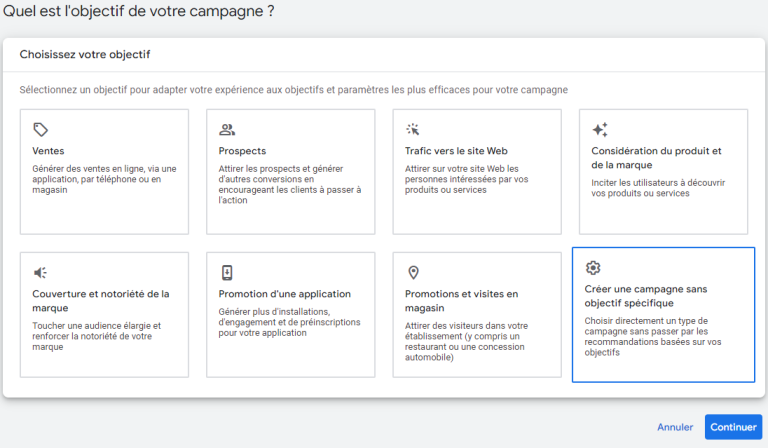 capture d'écran de choix d'objectifs de campagne